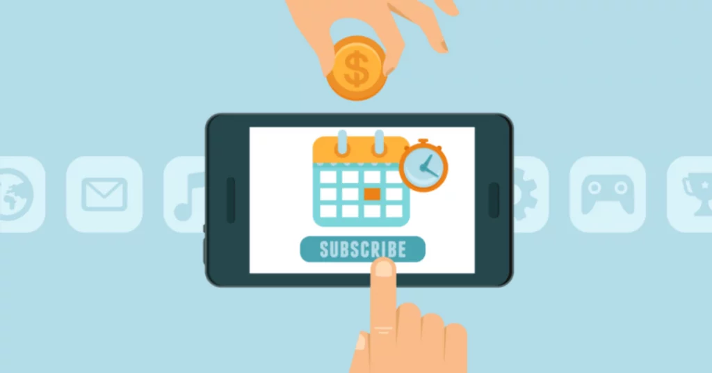 Illustration of subscribing to a recurring service using a tablet.