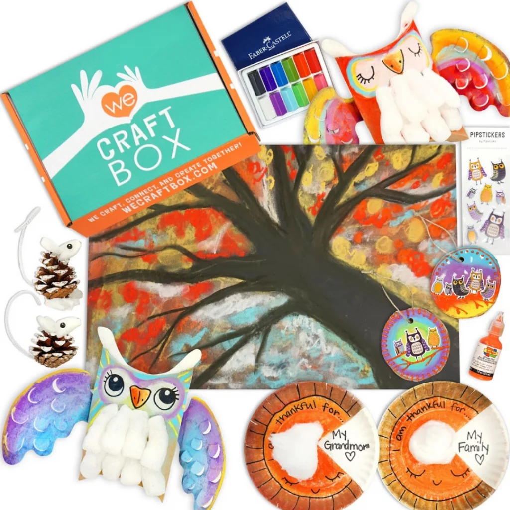 We Craft Box with painting supplies and owl-themed craft projects.