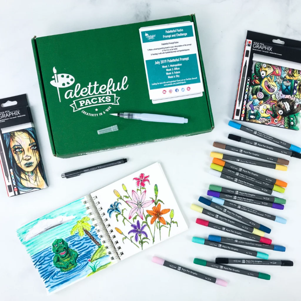 Paletteful Packs box with pens, markers and botanical artwork.
