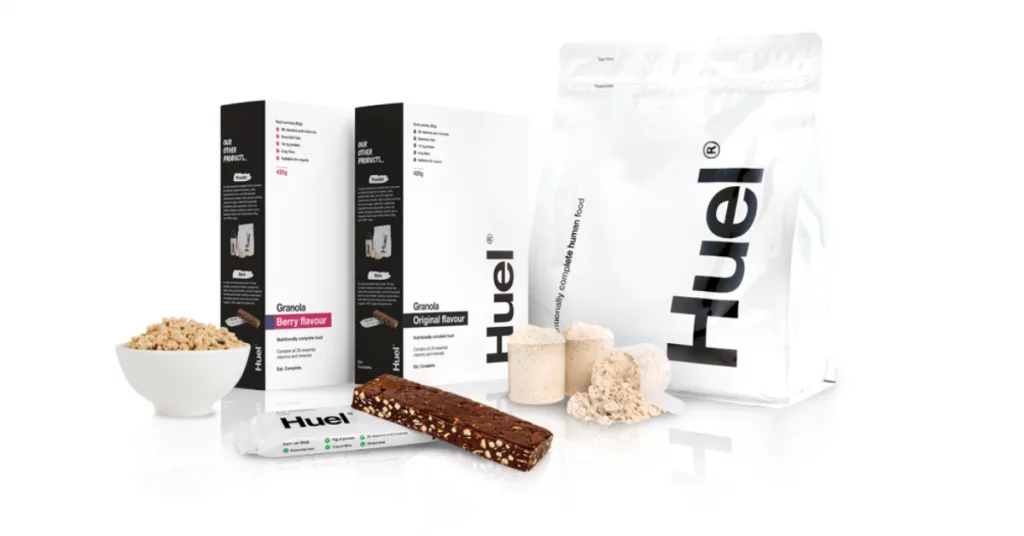 Huel nutrition products, including packaged powders and bars.