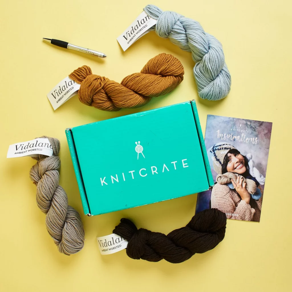 KnitCrate box with yarn and a knitting-pattern booklet.