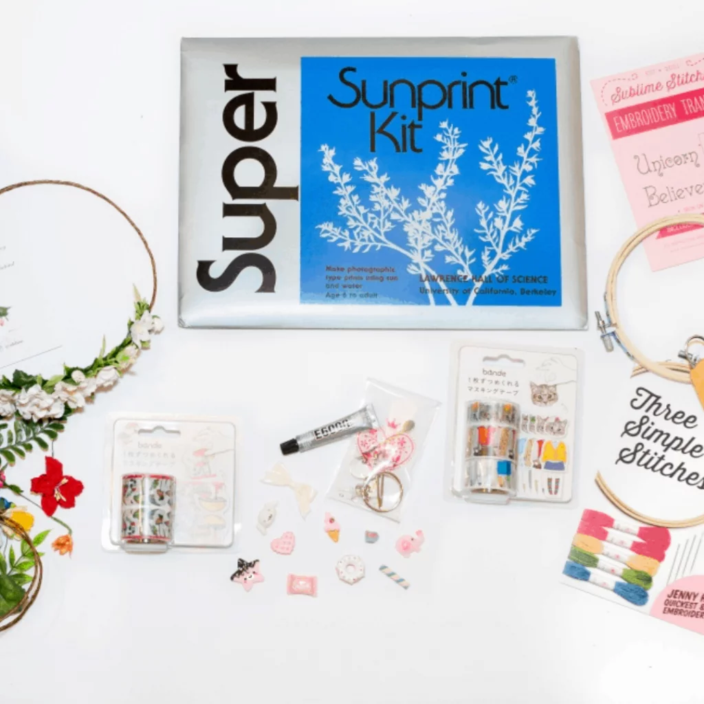 Craft package including a Sunprint kit, embroidery supplies and printed instructions.