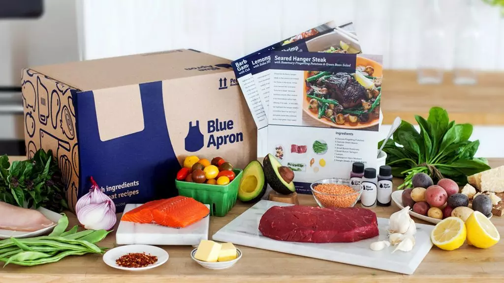 Blue Apron meal-kit box with ingredients and a recipe card.