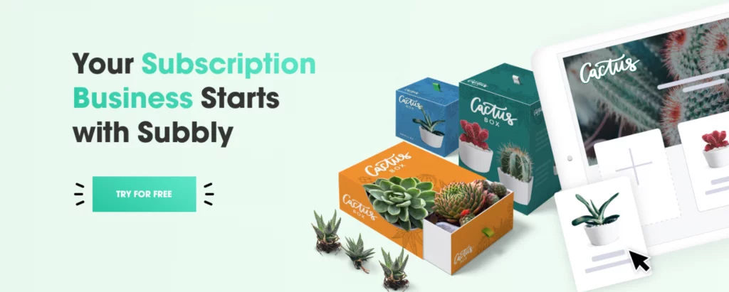 Subbly promotional banner featuring a cactus subscription-store example.