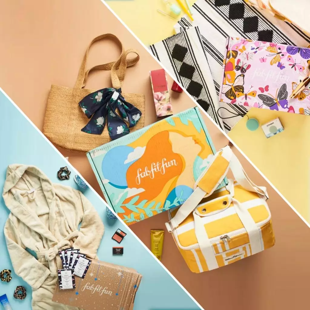 FabFitFun boxes with bags, beauty products and lifestyle accessories.