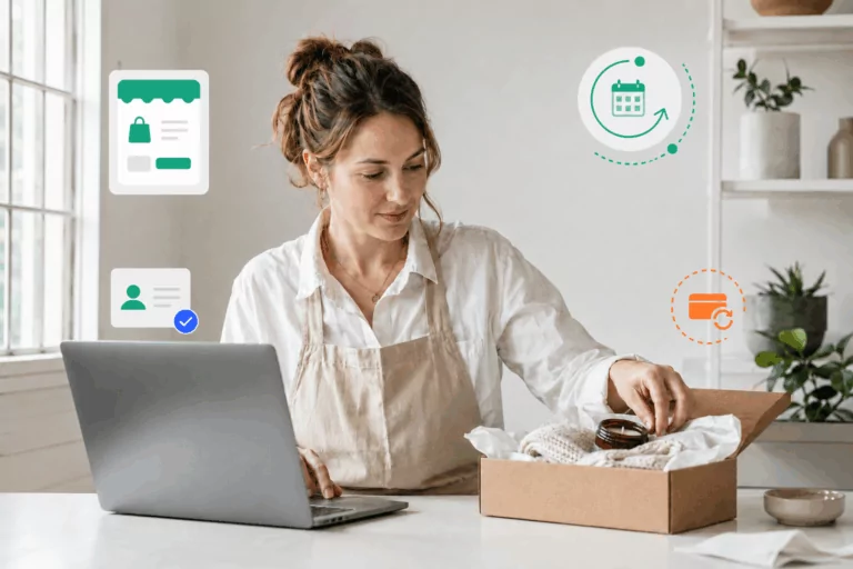 Subscription business owner packing a box beside a laptop, with icons representing an online store, customer account, recurring schedule and payment renewal.