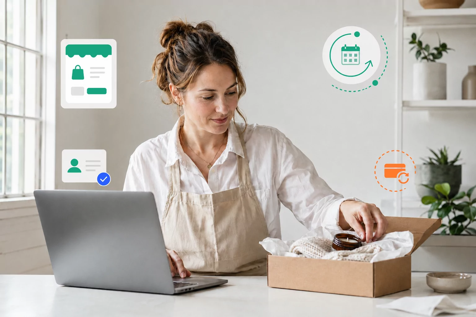 Subscription business owner packing a box beside a laptop, with icons representing an online store, customer account, recurring schedule and payment renewal.