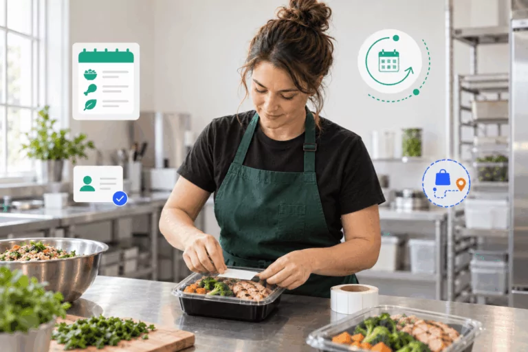 Meal prep business owner portioning meals into containers in a commercial kitchen.