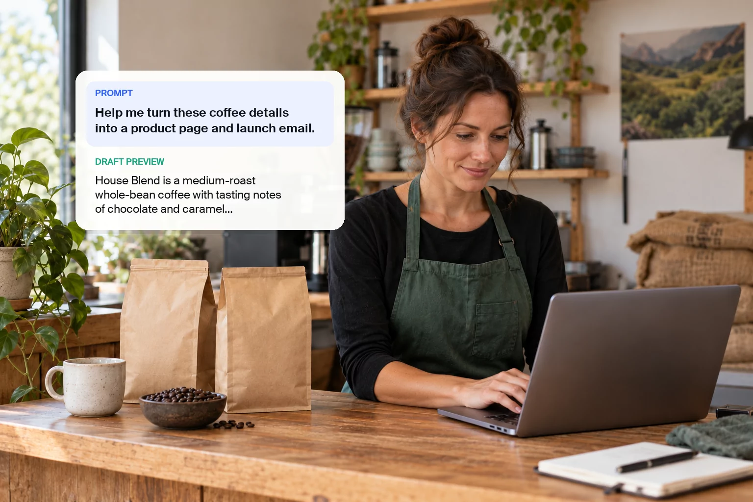 Coffee founder working at a laptop, with an example AI prompt asking for a product page and launch email and a short coffee-description draft.